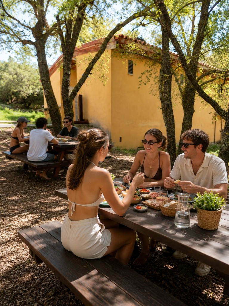Comida al aire libre bajo los árboles del complejo