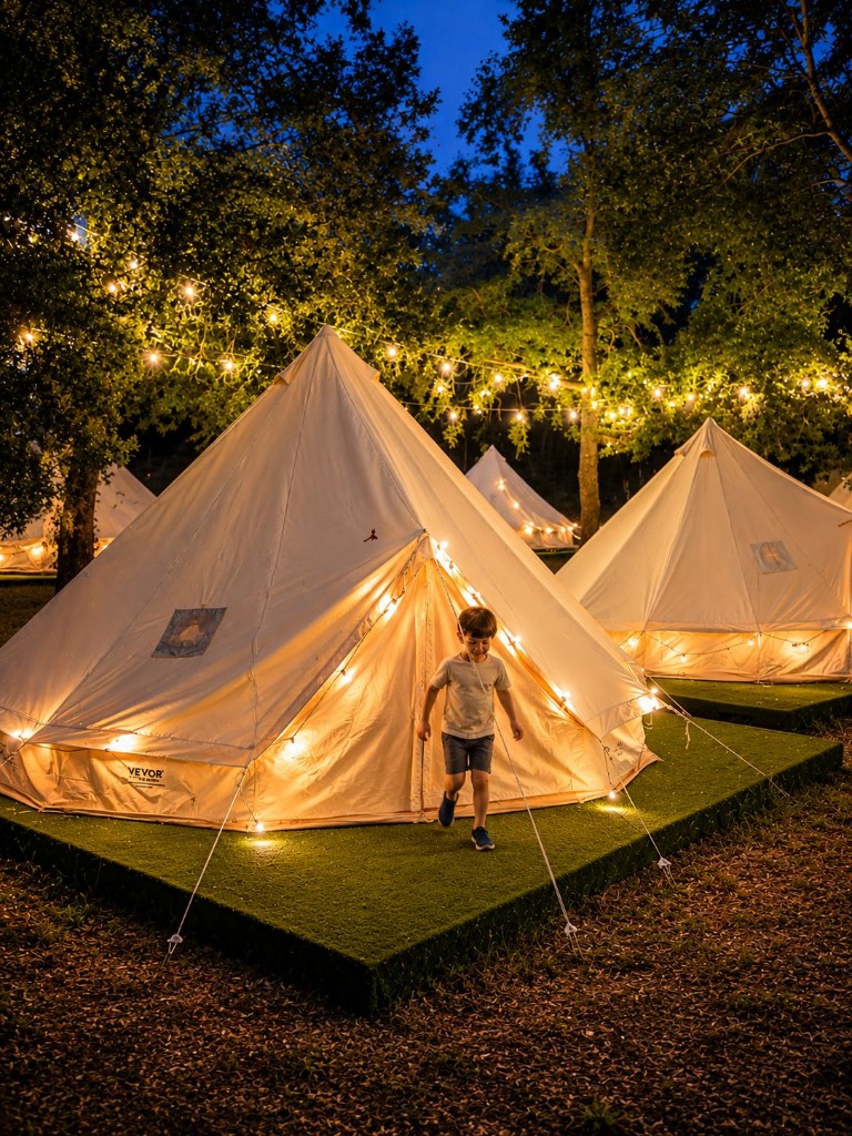 Tiendas de glamping iluminadas de noche en el bosque