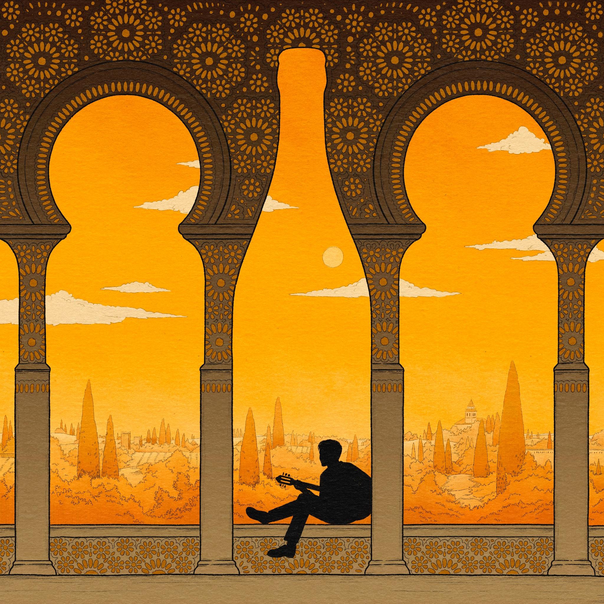 Ilustración para Cervezas Alhambra con botella y paisaje andaluz