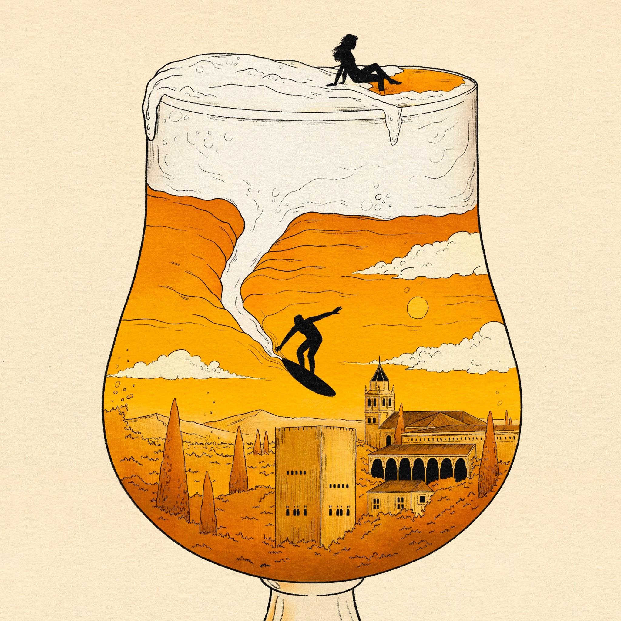 Ilustración para Cervezas Alhambra con vaso y oleaje